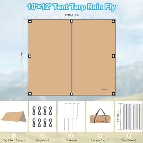 WADEO Camping Tarp Shelter with Poles, Waterproof Heavy Duty Bushcraft Tarp, Rain Fly Hammock Cover, Outdoor Shelter for Camping, Hiking, Festival (Khaki - 3x3.6m) — view 2