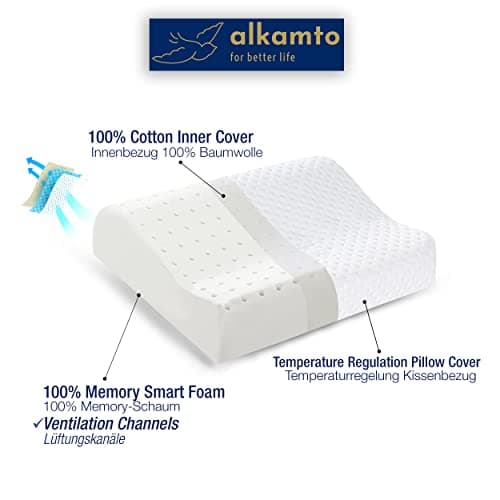 alkamto Travel Pillow - Ergonomic Neck Support Memory Foam with Temperature-Regulating Pillowcase - Includes Extra Cotton Cover and Carry Bag (13.7 x 11.8 x 3.9/3,14 In - White + Extra Cover) — view 2