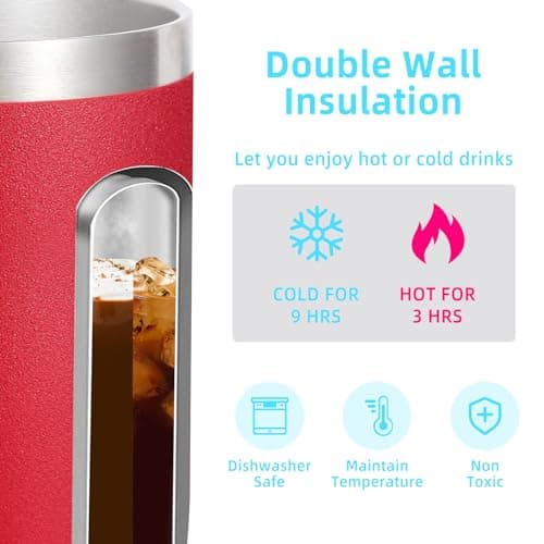 Volhoply 14oz Insulated Stainless Steel Coffee Mug with Leakproof Lid,Double Wall Vacuum Travel Coffee Cup with Handle,Reusable Metal Tumbler,Camping Mugs Keep Hot&Cold,Christmas Gifts(Red,1) — view 3