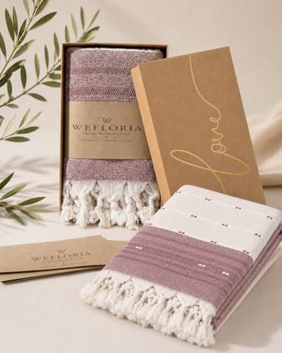 WEFLORIA Turkish Peshtemal Towel – 100% Cotton, Lightweight & Quick Dry Beach & Bath Towel, Large Hammam Towel with Tassels, Gift Box Packaging (Sage Green/Red & Cream) (Red&Beige) — view 4