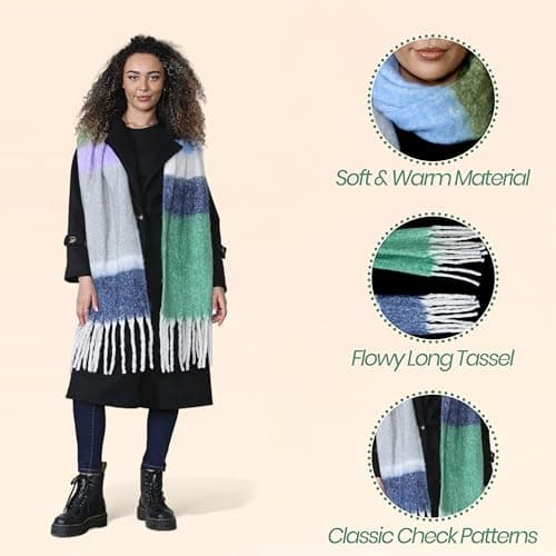 Daisy Dreamer Women Chunky Knit Bright Blanket Scarf Long Plaid Wrap Winter Warm Check Scarves Shawls with Tassel Gift for Ladies, Green/Blue Stripe — view 3