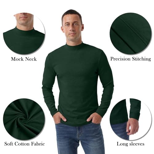 Hisir Men's Thermal Top, Mock Neck Cotton Base Layer, Dark Green, L — view 4