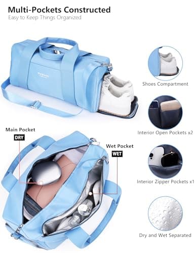 Small Gym Bag for Girls Kids,Sport Duffle Bag for Women Fitness Workout, Travel, Dance, Ballet, Swim with Shoes Compartment & Waterproof Pocket,Easy Carrying Pu Leather Handle (Sky Blue,16"-Small) — view 4