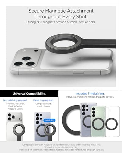 Spigen S582W MagFit Plus MagSafe 66" Extendable Tripod Selfie Stick for iPhone, 360° Rotating Head Bluetooth 5.0 Remote, One Push Opening Magnetic Phone Stand, Universal metal ring included - Black — view 3