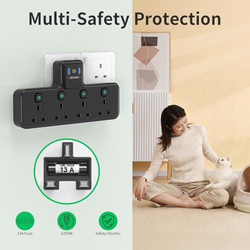 PASSUS Multi Plug Extension Socket 4 Way Plug Adapter with PD20W USB C Slot — view 6