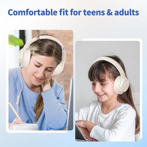 Wired Headphones with Microphone, 3.5mm Corded Headphones for School, Beige — view 2