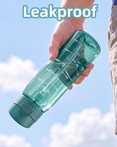 OLDLEY 600ml/20oz Water Bottles with Straw Leakproof Tritan Water Bottle with Handle BPA Free Time Marker Sports Drinking Bottle for School, Travel, Sports (Dark Green) — view 3