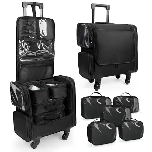 Rolling Makeup Train Case, Professional Makeup Organiser Case, Large Travel Cosmetic Organizer Make Up Storage Bag Trolley for Artist, Hairstylist, Vanity Beauty Box with 5 Toiletry Bags