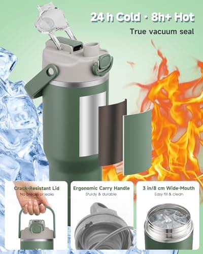 KANGZY Metal Water Bottle with Straw 1L/32oz – Vacuum Insulated Stainless Steel Flask, 2-in-1 Straw & Spout Lid, BPA-Free Leak-Proof Tumbler, Keeps Drinks Hot 8H+ / Cold 24H for Work, Travel Green — view 4
