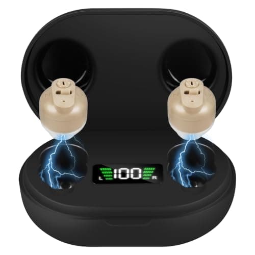 Aolso Mini Digital Sound Aid Voice Enhancer, Rechargeable Sound Headphones for Seniors, Noise Cancelling, Digital in-Ear Audio Headphones Device with Charging Case-Skin color with Black Case