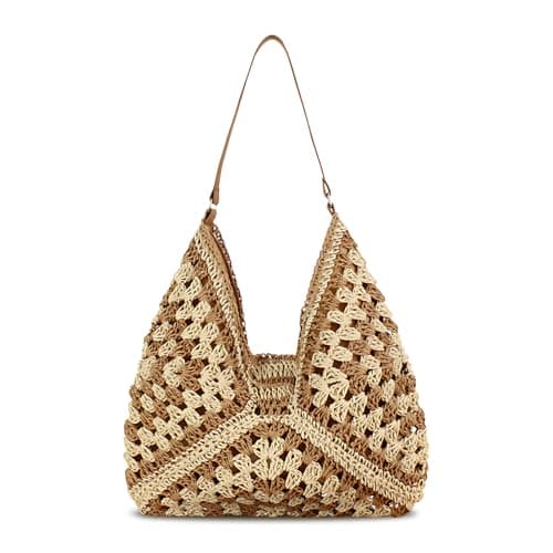 Bototack Straw Beach Bag For Women, Large Straw Bags Weave Handmade Handle Tote Bag, Bohemian Summer Straw Shoulder Bag Handbags for Travel Holiday Shopping (Light Brown)