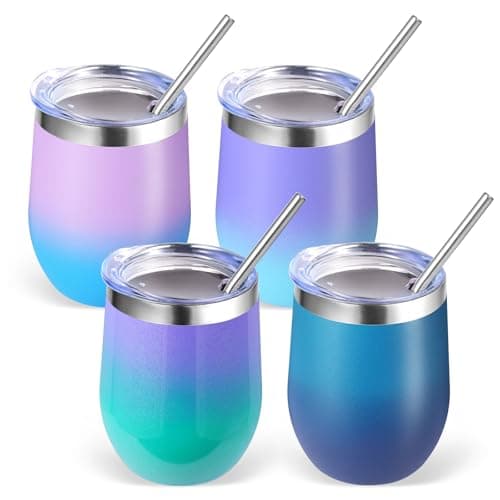 Volhoply 12oz Stainless Steel Wine Tumbler with Lid Bulk 4 Pack,350ml Double Wall Vacuum Stemless Wine Glasses,Metal Travel Coffee Mug with Straw,Insulated Cup Gifts for Christmas(Assorted,4 Set)