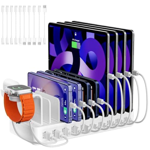 USB Charging Station 100W, 10 Port Multiport Phone Charger Station, Phone Charging Station With 10 Charging Cables and a Watch Holder, Desktop Charger for Smartphones, Tablets, and Other USB Devices