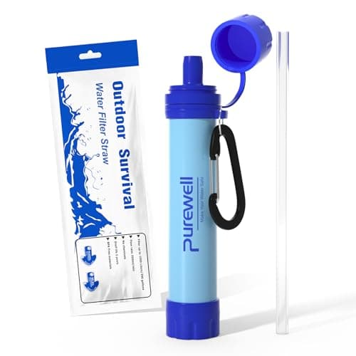 Purewell Outdoor Water Filter – 0.01 μm ultra-fine filter removes 99.99% of bacteria & heavy metals | 1500L filter capacity | Portable drinking water filter with Carabiner for survival & outdoor