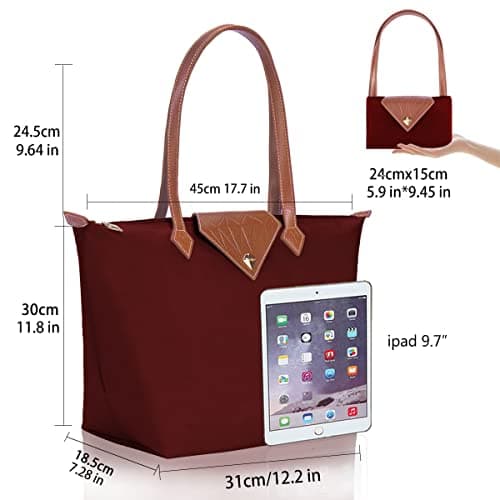 BOJLY Tote Bags for Women Stylish Waterproof Nylon Ladies Shoulder Bag Top Handle Handbag Folding Beach Travel Bag for Work,Shopping, School Maroon Red Small — view 4