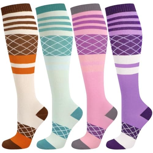 KKuSoxyy 4 Pairs Compression Socks for Women Stylish Colourful Flight Socks Comfortable Supportive Compression Stockings for Running Travel Pregnancy Nursing LXL