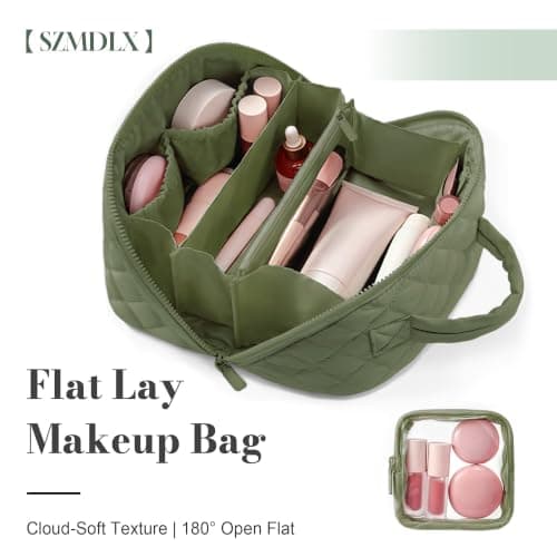 SZMDLX Lay Flat Travel Makeup Bag Olive Green Padded Cosmetic Organiser — view 2