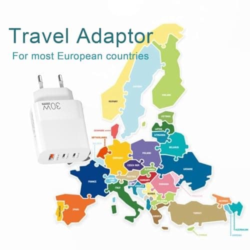 EU plug travel adapter charger, European wall adapter with 2 USB-C fast charging ports and 1 USB-A port, European universal fast charger compatible with iPhone and Samsung — view 2