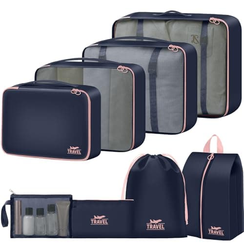 MOFELON 8PCS Packing Cubes for Suitcase, Travel Luggage Organisers for Backpack, Waterproof Suitcase Organiser Bags, Travel Essentials Accessories - Navy Blue Pink