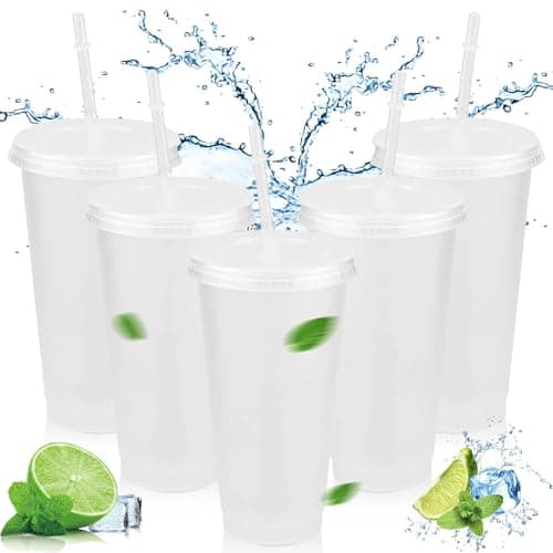 Reusable Clear Cold Cups with Lids and Straws,5 Pcs Iced Water Cups 24oz & BPA Free Plastic Cup,Cold Drinking Tumblers Travel Mugs Custom for Coffee Smoothie Juices Party Bulk for Adult Women