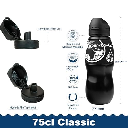 WATER TO GO Classic 750ml Water Purifier Bottle & Replacement Twin Pack Filter Discount Bundle-protects against viruses, bacteria, protozoa, cysts,& microplastics; Guaranteed Leakproof - (Black) — view 6
