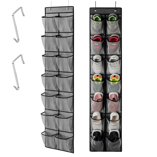 EXQUIMA Over Door Shoe Storage, Hanging Organizer with 14 Large Mesh Pockets and 2 Metal Hooks, 29x165cm, Breathable Non-Woven Fabric, Space Saving, Durable and Foldable, Ideal for Shoes, Toys,Closet
