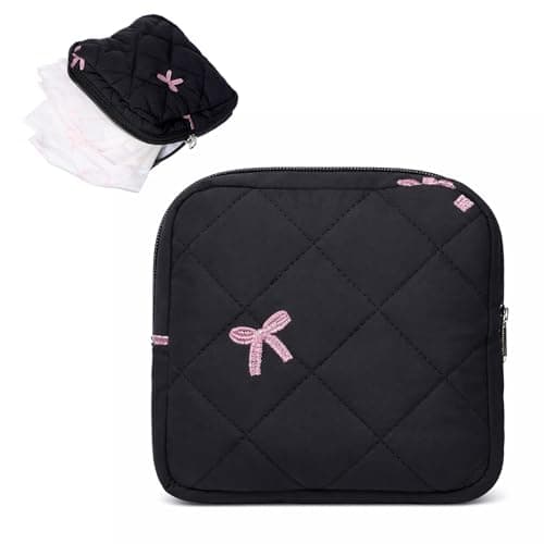 Cute Bow Sanitary Napkin Storage Bag with Dividers and Zipper, Cute Period Bag Pouch, Portable Tampon Holder for Purse that Can Hold Sanitary Napkins, Panty Liners, Tampons, and Menstrual Cups