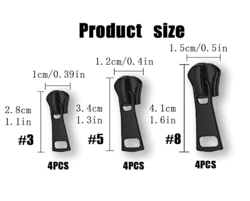 SHSMPXOY 12 Pcs Zipper Pull Replacement Detachable Zip Repair Kit #3#5#8 Sizes Zips Removable Metal Zipper Pulls Extension Sewing Supplies for Repair Clothes Jeans Jacket Backpack Luggage (B-Black) — view 2