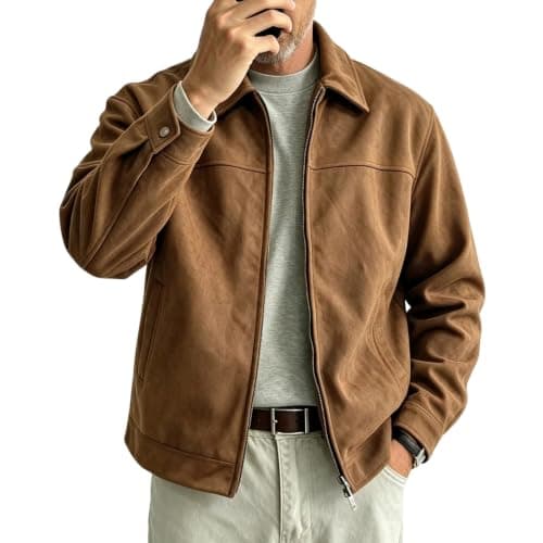 Mens Faux Suede Jacket Full Zip Jackets Turn Down Collar Coat