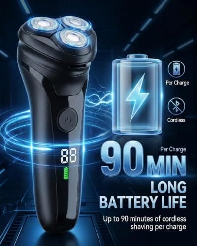 Men’s Electric Shaver, USB Rechargeable Cordless Razor with LED Display, Dual-Track Blades, IPX5 Waterproof Wet & Dry Use, Pop-Up Trimmer & Travel Lock, 90-Min Runtime Grooming Kit Gift for Men — view 3