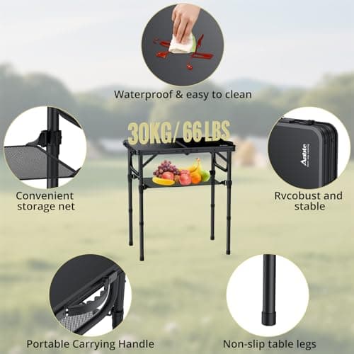 Anbte 2ft Folding Camping Table with Storage Net, 3 Adjustable Heights Small Folding Table Lightweight & Portable with Carry Handle, for Camping, Fishing, Picnic, Beach, Outdoor, 60 x 40cm, Black — view 5