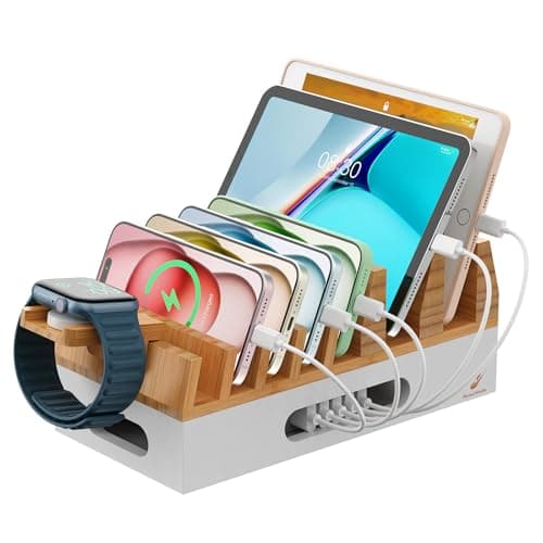 All In One Family Dock Station, Wooden Bamboo Charge Stand-Natural+White