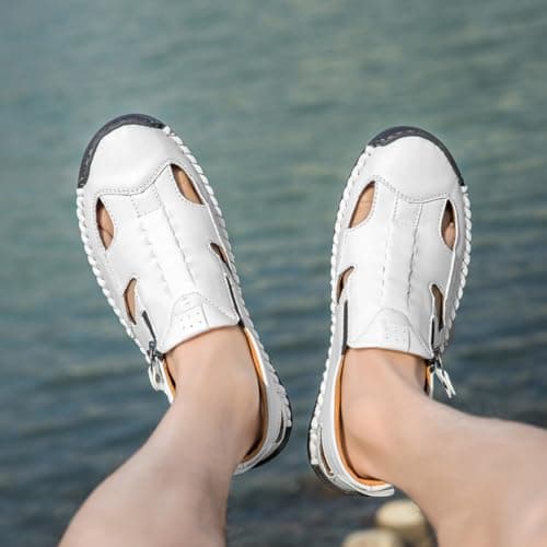 Hixingo Men's Closed Toe Sandals, Genuine Leather Walking Sandals for Men, Breathable Summer Beach Shoes Comfortable Non-Slip Fishermen Hiking Shoes, Wide Fit (F6611 White Black,11.5) — view 2