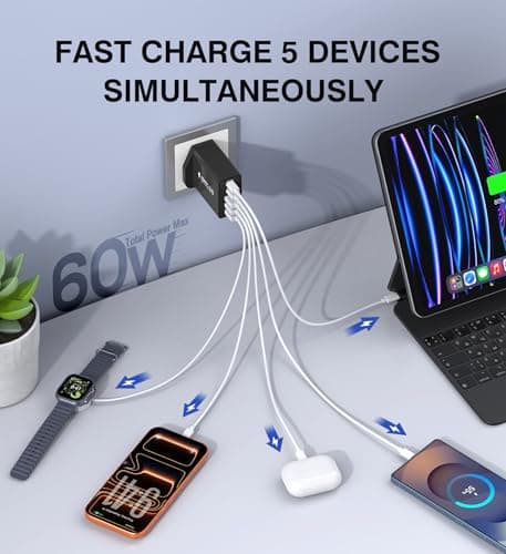 60W USB C Charger Block, 5-Port USB C Plug Fast Charger,2 Ports PD Power Adapter+3 Ports QC Mains Wall Charger,Multiport UK Type C Charging Plug for iPhone 17/16/15/14/13/12 Pro Max,iPad,Samsung-Black — view 2