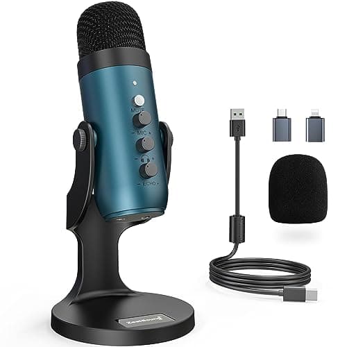 zealsound USB Microphone, Podcast Mic for PC, iPhone & Phones, k66 Teal