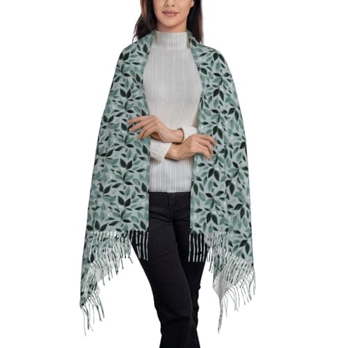 Mint Gray Leaf Print Women Men Fringe Scarf Fashion Accessory For Winter Fall Spring Travel Holiday Wear — view 3