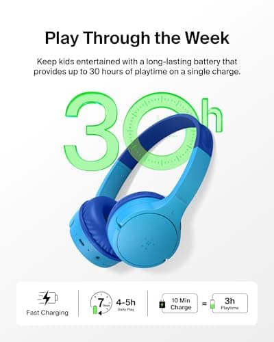 Belkin SoundForm Mini Kids Wireless Headphones with Built-In Microphone, 30H of Playback Time, & Fun Stickers - Over-Ear Headsets for Online Learning, School, Travel, iPhone, iPad, Galaxy - Blue — view 3