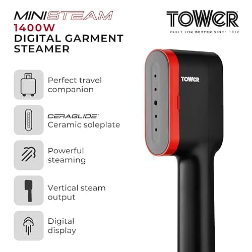 Tower Garment Steamer 1400W, Handheld Clothes Steamer for Fast Crease Removal, Compact Design, 14g/min Continuous Steam, Ceramic Soleplate, 80ml Tank, Red (T22038RED) — view 2