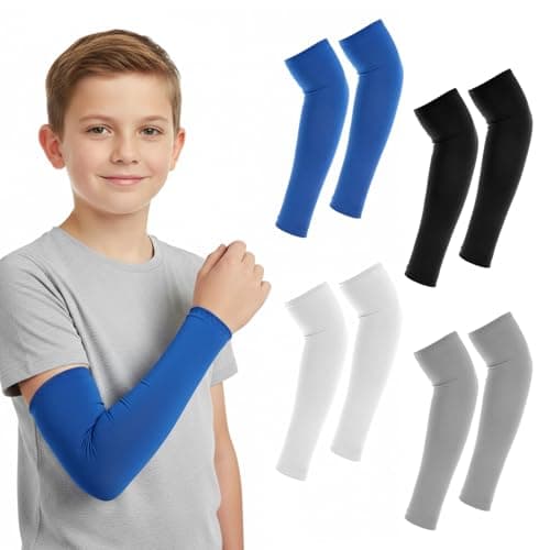 IANFAN 4 Pairs Kids Arm Sleeves, S 30cm Thin UV Sun Protection Cooling Compression Sleeves, Outdoor Sport Breathable Elastic Ice Sleeve For Youth Boys, Black White Light Gray Royal Blue