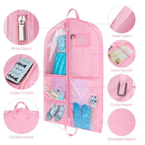 OSDUE Clothes Covers, 40 inch WaterproofHanging Garment Bags with 5 Zipper Pocket and ID Slot Pockets Foldable Kids Dance Costume Garment Bag Travel Storage Bag for Dancers Travel Competitions (Pink) — view 3