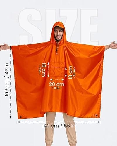 Evolpor Poncho Waterproof Adult, Rain Poncho Adult Waterproof Lightweight Reusable Adult Waterproof Poncho, Waterproof Rain Poncho for Outdoor Camping Hiking Traveling Cycling Deep Orange — view 2