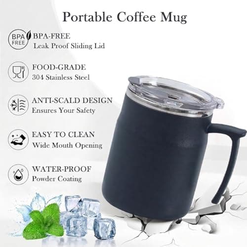 HZXYchen Stainless Steel Travel Mug with Handle – 304 Coffee Cup 500ml with Locking Lid – for Commute, Office & Outdoor – Navy Blue — view 4