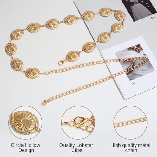 NXPUXP Western Metal Concho Belt,Cowgirl Concho Chain,Adjustable Waist Chain for Women,Suitable for Dresses,Jeans,Costumes (Gold-2025),M,Non-Precious Metal,No Gemstone — view 5