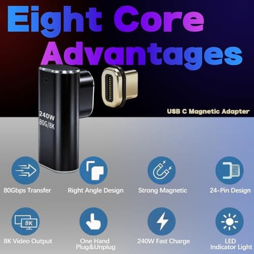 IVIVTOR USB C Magnetic Adapter 90 Degree 240 W USB-C Magnetic Adapter 24 Pin - Type C Magnetic Connector 80 Gbps 8K Fast Charge & Data Transfer for Laptop Tablet Mobile Phone Smartphones - Graphite — view 3