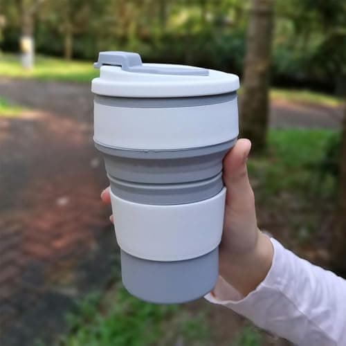 Accmuzzy 2 Pack Collapsible Cup with Lid,Camping Travel Mugs for Hot Drinks,Coffee Cup Travel,Foldable Cup for Picnic,Camping,Hiking,Office (1 Grey 1 Purple) — view 2