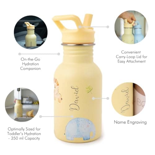 J.Børn Personalised Bottle With Straw For Kids 350ML | Hand-Painted Designs | Single-Skinned, Food-Grade Stainless Steel Bottle | Light Weight Water Bottle | Leak-Proof Bottle (Safari) — view 4