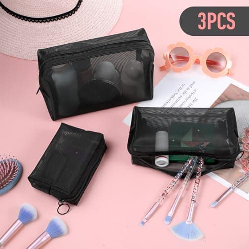 Wanmu 3Pcs Mesh Makeup Bags, Mesh Cosmetic Bag, Portable Toiletry Bag, Travel Organizing Zipper Pouch, Toiletries Makeup Pouches, Black Breathable Mesh for Home Office Travel Accessories — view 4