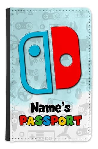 EnvyFone Passport Holder Cover - Personalised - Gamer Design - Boys Girls - Childrens Kids Teens - Gift for Gamers - Holiday Travel Accessory Gift (Blue)