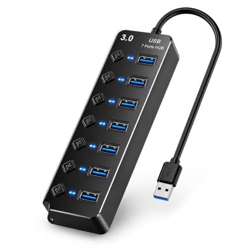 7 Port USB Hub 3.0, Multi USB Port Hub with Individual Power Switches and Led Indicators, High-Speed Multi Usb Port Splitter Adapter for PC, Laptop, Flash Drive, Keyboard, Mouse, Mobile, Usb Extender