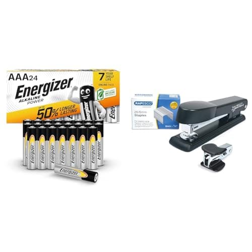 Energizer AAA Batteries, Alkaline Power, 24 Pack, Triple A Battery Pack - Amazon Exclusive & Rapesco 1471 Germ-Savvy Antibacterial, Marlin Stapler, R4 Staple Remover & 5000 26/6 mm Staples